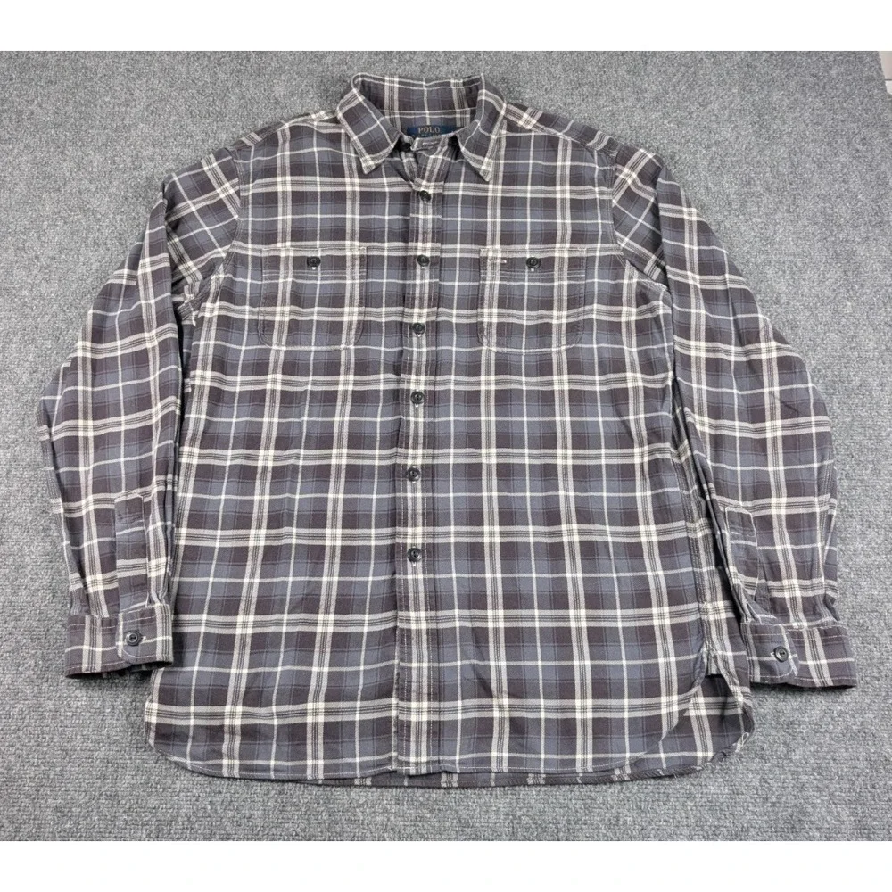 Polo Ralph Lauren Work Shirt Mens‎ Large Gray Plaid Pockets Throat Latch